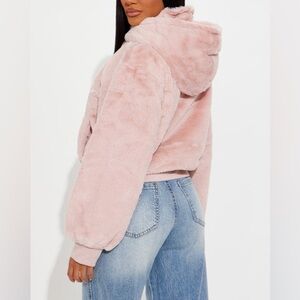 Women's Pink Faux Fur Jacket mock neck zipper front cozy S cropped coat soft